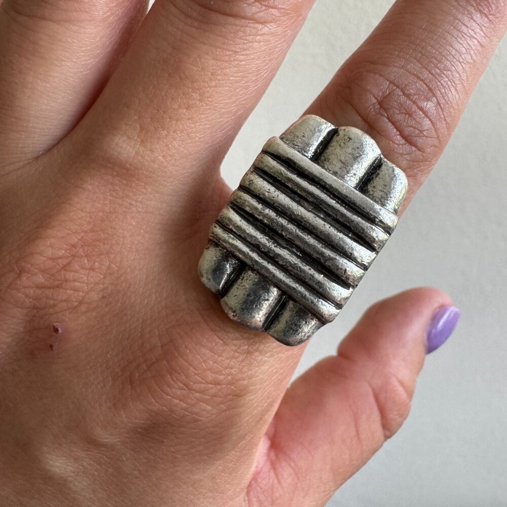 Silver Tone Industrial Rectangular Statement Ring Adjustable